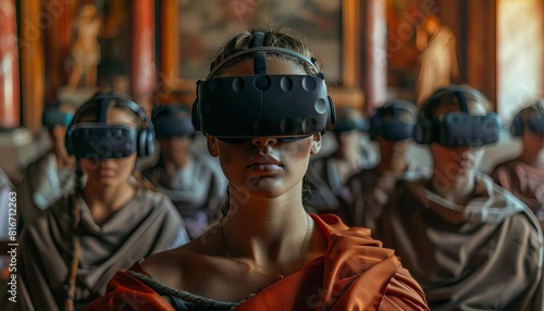 A classroom where students wear AR headsets to explore historical events, witnessing a virtual reenactment of ancient Rome around them, Close up