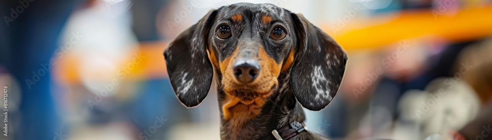 A dachshund at a dog show, standing attentively as it is judged, showcasing its long body and wellgroomed appearance, Close up