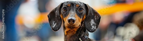 A dachshund at a dog show, standing attentively as it is judged, showcasing its long body and wellgroomed appearance, Close up photo