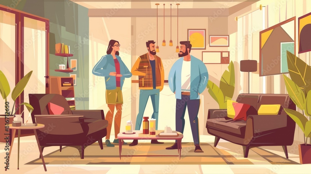 A gay couple rents or buys a house from a real estate agent. Modern flat illustration of a gay couple moving into a new home. An apartment interior with two guys and a realtor. A gay couple rents or buys a house from a real estate agent. Modern flat illustration of a gay couple moving into a new home. An apartment interior with two guys and a realtor.
