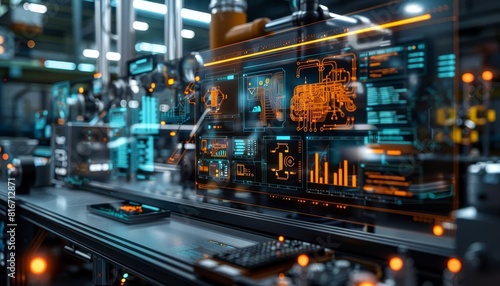 A digital twin interface showing a virtual replica of a smart factory, with engineers monitoring and optimizing machine operations in realtime, Close up