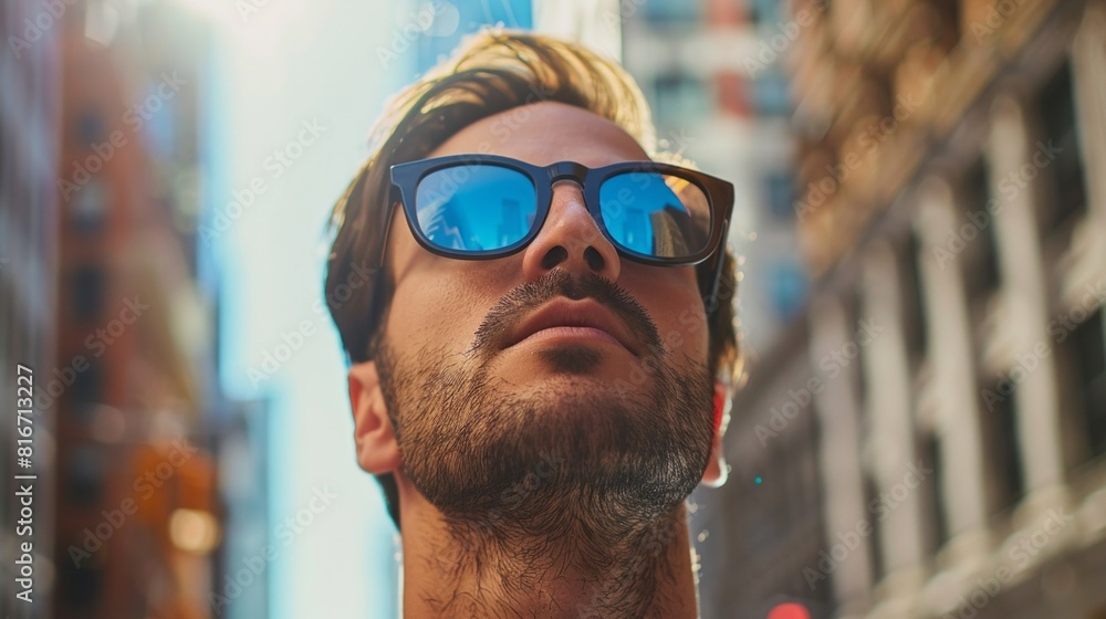 Portrait of smiling man wearing sunglasses and looking away in the city streets. Happy man in blue shirt and glasses enjoying the sunset. Portrait of smiling man wearing sunglasses and looking away in the city streets. Happy man in blue shirt and glasses enjoying the sunset.