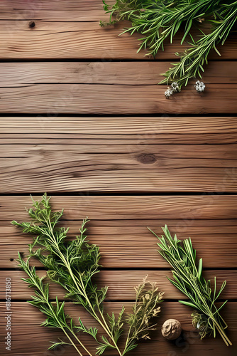 fresh herbs on wooden background