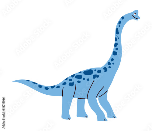 Cute blue long neck dinosaur  Brachiosaurus  hand drawn in flat design  childish style. Isolated on white background vector illustration