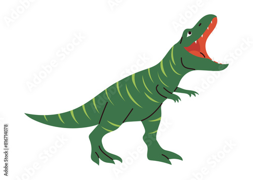 Smiling and roaring dinosaur Tyrannosaurus rex, hand drawn in childish style. Isolated vector illustration