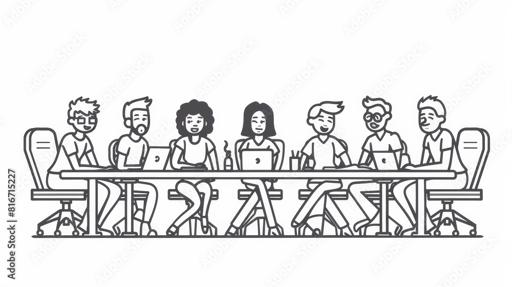 A team of business people brainstorms, meets, and discusses in the office. Colleagues dispute sitting at the desk, planning a project, searching for a solution, and communicating, Line art modern A team of business people brainstorms, meets, and discusses in the office. Colleagues dispute sitting at the desk, planning a project, searching for a solution, and communicating, Line art modern
