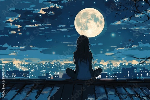 Woman sitting on a roof gazing at the moon, perfect for nighttime scenes photo