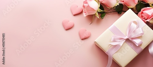Valentine s Day background with a bouquet of roses a gift box and hearts accompanied by a blank paper card The pink background provides a delightful setting Copy space image taken from a top view allo