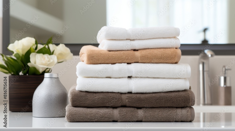 Stack of colorful clean towels on a table close-up in the bathroom Stack of colorful clean towels on a table close-up in the bathroom