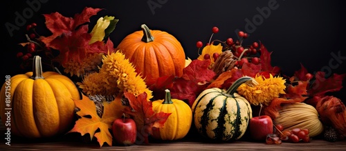 Thanksgiving card with a fall composition Vibrant pumpkin and autumn leaves in red yellow and orange hues against a black backdrop Copy space image