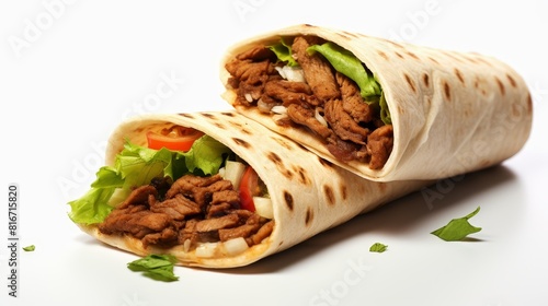 Delicious fresh vegetables with meat in pita bread on a white isolated background