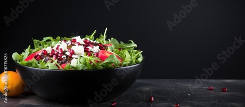 A vibrant salad of rucola feta cheese red onion and pomegranate seeds is presented in a black bowl set against a chalkboard background providing the perfect copy space image