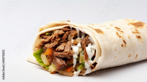 Delicious fresh vegetables with meat in pita bread on a white isolated background