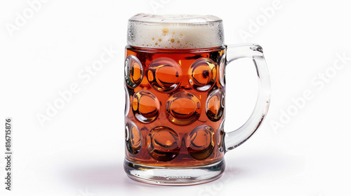 isolated golden yellow color transparent glass alcohol mug with handle, full of beer and foam on a white empty mockup background 