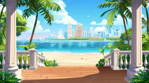 The wooden porch of a house on a sea beach with palm trees and the city skyline. Modern illustration of a tropical summer landscape with a bungalow or cottage terrace.