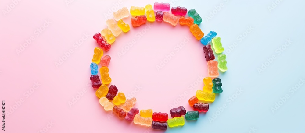 A vibrant assortment of gummy bears in various colors creates a delightful rainbow circle on a pink background offering ample space for copying images A vibrant assortment of gummy bears in various colors creates a delightful rainbow circle on a pink background offering ample space for copying images
