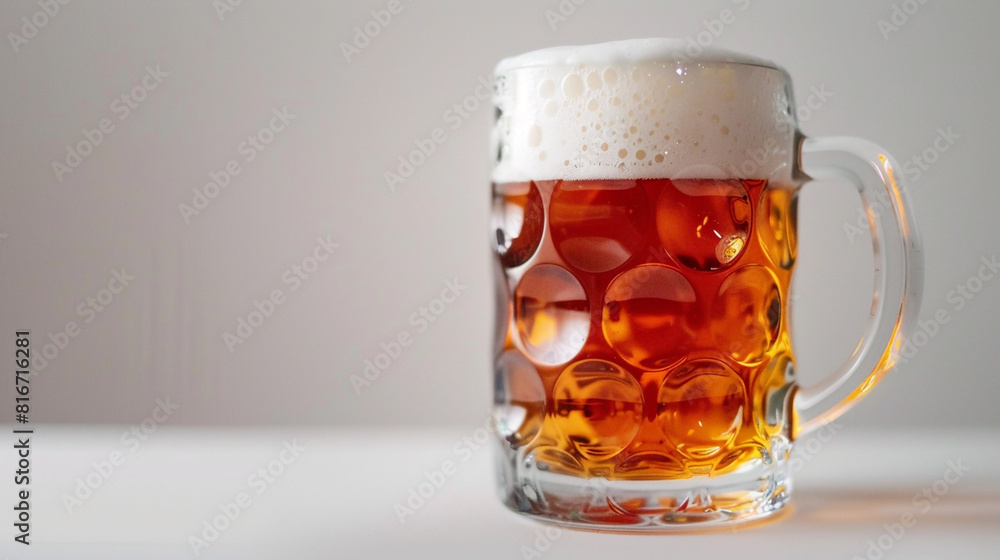 isolated golden yellow color transparent glass alcohol mug with handle, full of beer and foam on a white empty mockup background isolated golden yellow color transparent glass alcohol mug with handle, full of beer and foam on a white empty mockup background