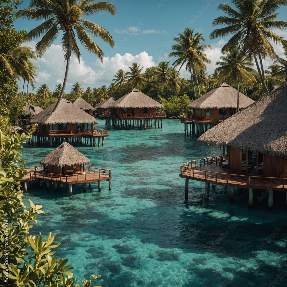 A tropical island with a luxury resort and overwater bungalows.
