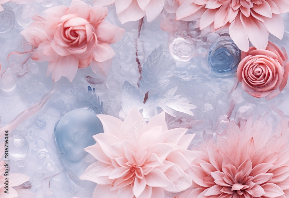 Colorful frozen flowers in milk, ice and water. Seamless abstract background. AI generated Colorful frozen flowers in milk, ice and water. Seamless abstract background. AI generated