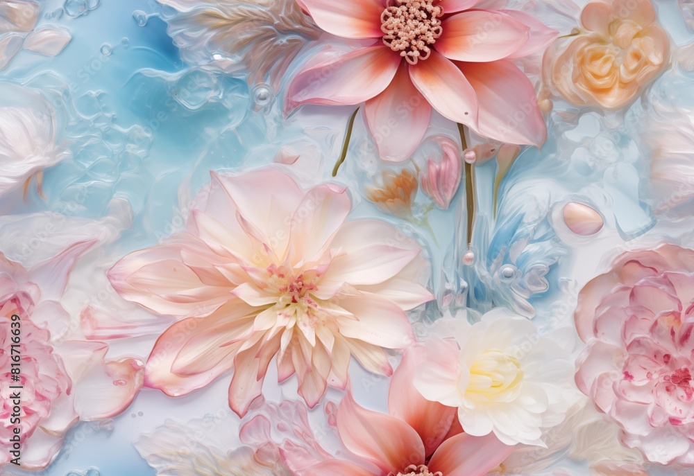 Beautiful seamless floral background. Top view of delicate flowers in milk, water and ice