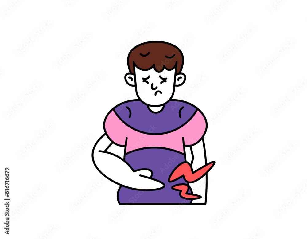 an illustration of a man with a stomach ache. feel pain in the stomach. holding stomach. suffering from digestive disorders. Symptoms of ulcers and GERD. outline style illustration design an illustration of a man with a stomach ache. feel pain in the stomach. holding stomach. suffering from digestive disorders. Symptoms of ulcers and GERD. outline style illustration design