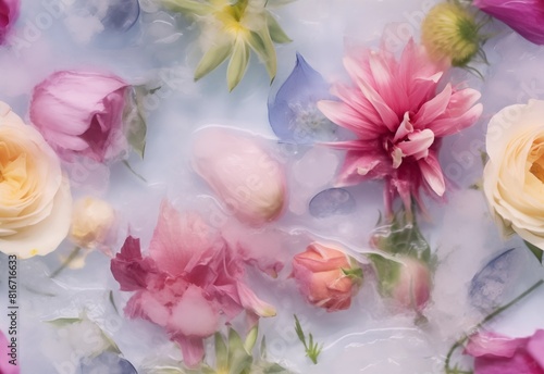 Beautiful seamless floral background. Top view of delicate flowers in milk, water and ice