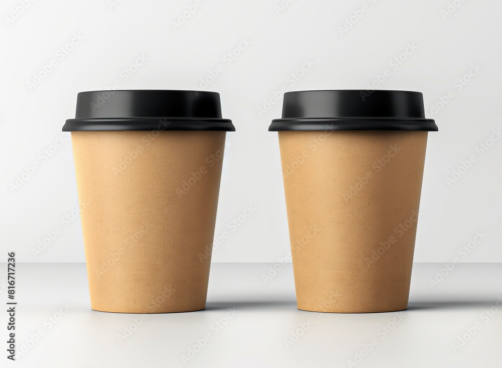 Two eco-friendly brown paper cups with black lids placed on a gray background. Perfect for café branding, logo mockups, or eco-conscious presentations. Space for text or logos available. Two eco-friendly brown paper cups with black lids placed on a gray background. Perfect for café branding, logo mockups, or eco-conscious presentations. Space for text or logos available.