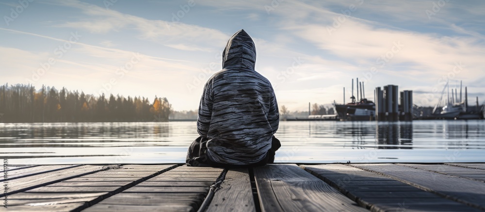 A single boy in a jacket with a hood sits on a wooden dock over water on a sunny cool day as seen in the long telephoto side view The scene offers plenty of copy space for an image A single boy in a jacket with a hood sits on a wooden dock over water on a sunny cool day as seen in the long telephoto side view The scene offers plenty of copy space for an image
