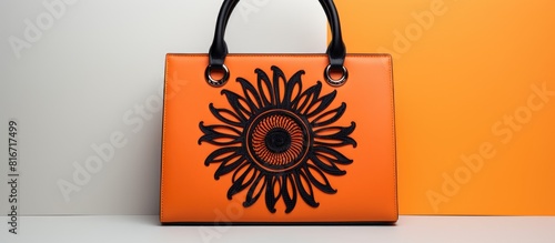 Top view of a bright orange bag for women with a black ornament on a white background The flat lay image offers copy space