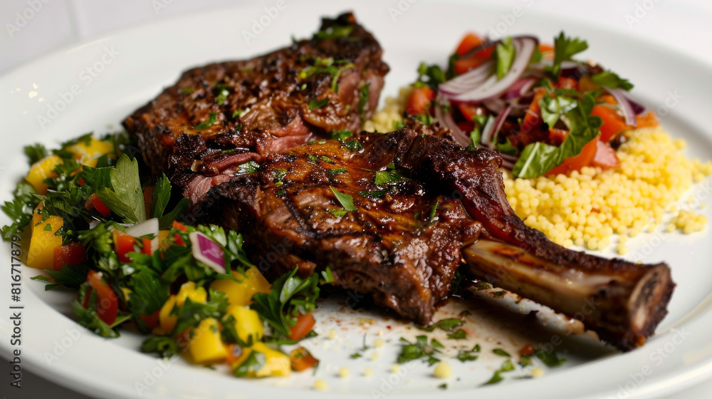 Savory t-bone steak with african spices, served alongside couscous, crisp salad, and mango salsa on a pristine plate Savory t-bone steak with african spices, served alongside couscous, crisp salad, and mango salsa on a pristine plate