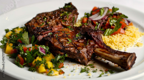 Savory t-bone steak with african spices, served alongside couscous, crisp salad, and mango salsa on a pristine plate