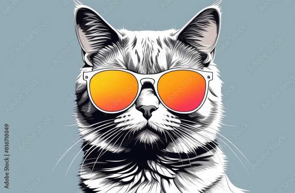 illustration of a cat with glasses. Drawn portrait of a kitten wearing stylish sunglasses illustration of a cat with glasses. Drawn portrait of a kitten wearing stylish sunglasses