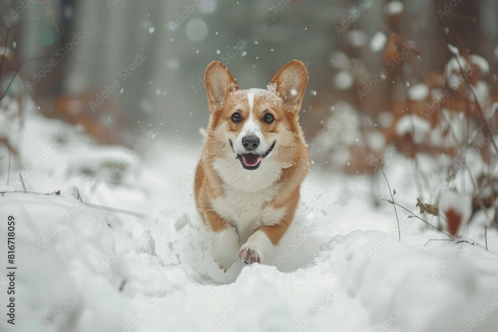 A dog running through the snow in the woods. Perfect for winter outdoor concepts A dog running through the snow in the woods. Perfect for winter outdoor concepts