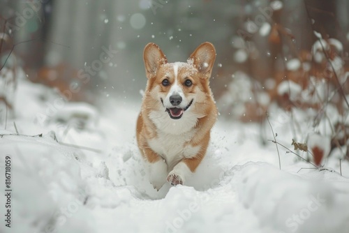 A dog running through the snow in the woods. Perfect for winter outdoor concepts