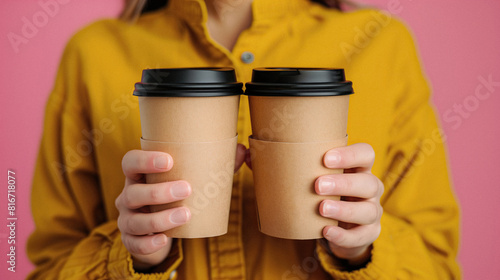 A waiter holding two craft paper coffee cups. Perfect for mockups and brand presentations related to coffee shops and service.