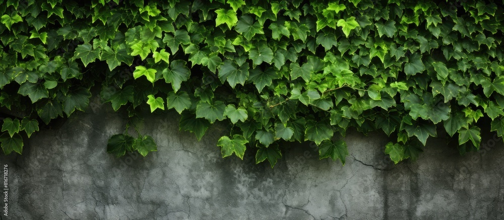 The wall background features a texture of ivy green leaves providing a captivating copy space image