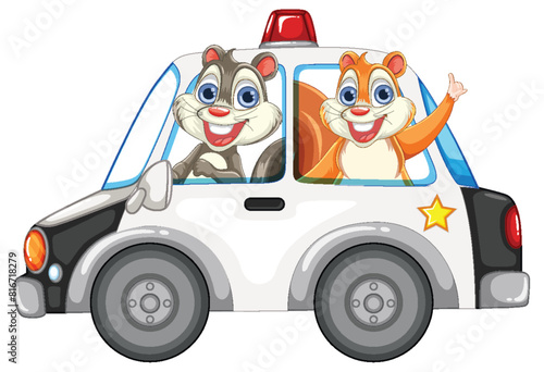 Two cartoon squirrels enjoying a ride in a cop car