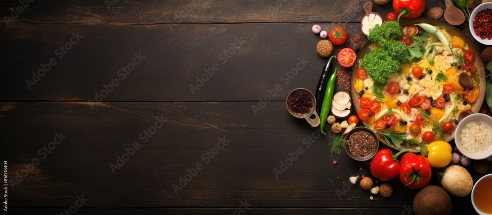 Top view of a kitchen table with an empty pan and a variety of vegetarian ingredients creating a perfect copy space image