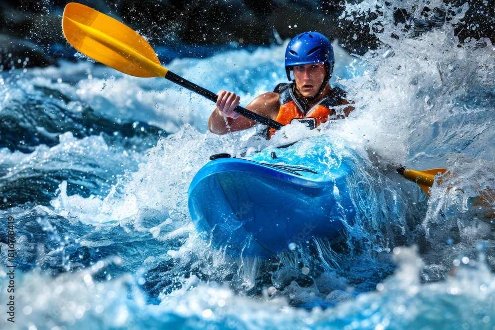 Kayaker s intense effort  strained neck muscles in powerful stroke   olympic sport concept