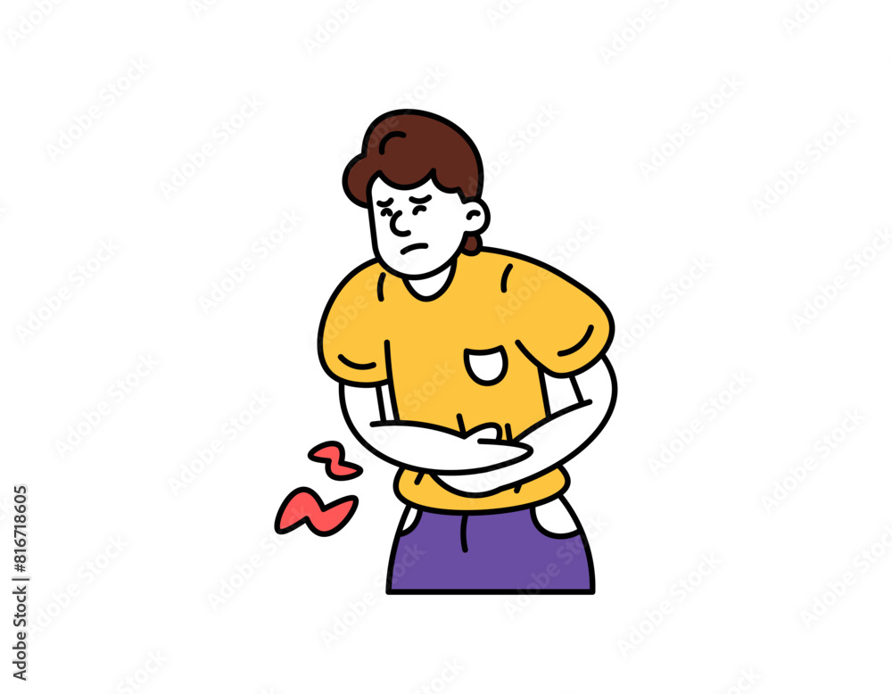 Obraz premium an illustration of a man with a stomach ache. feel pain in the stomach. holding stomach. suffering from digestive disorders. Symptoms of ulcers and GERD. outline style illustration design