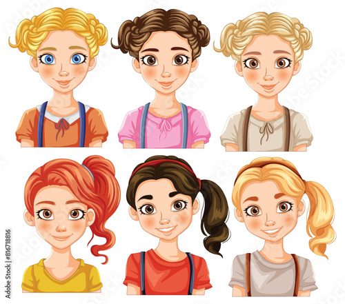Six cartoon girls with various hairstyles and expressions