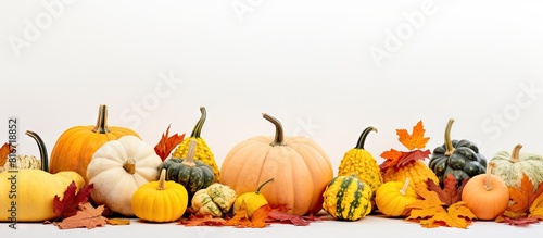 A white background showcases an autumn composition featuring various pumpkins vibrant fall leaves and copy space for an image This evokes the autumn mood and the concept of the fall season