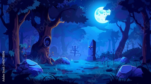Scary dark forest at night. Halloween background with spooky woods. Modern illustration of creepy deep forest landscape with tree trunks, grass, and stones. photo