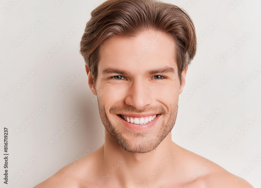 Good looking smiling man standing in bathroom after shower Good looking smiling man standing in bathroom after shower