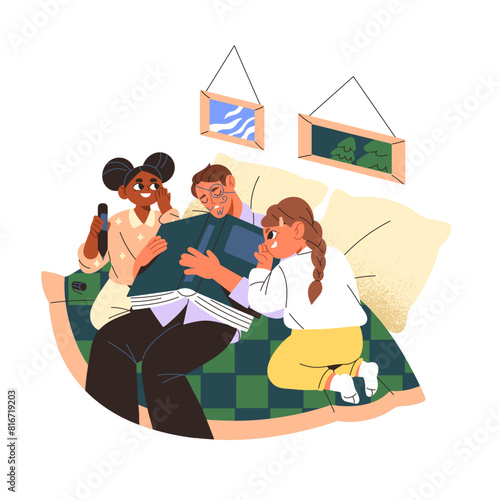 Naughty little girls painted face of sleeping father. Dad fell asleep while reading bedtime stories to daughters. Cute kids play funny mischief, have fun. Flat isolated vector illustration on white