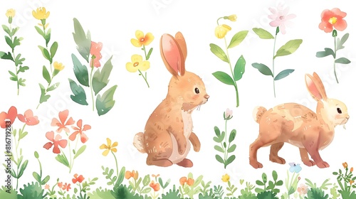 Adorable Rabbits Frolicking Amongst Colorful Springtime Flowers and Foliage in Serene Meadow Landscape