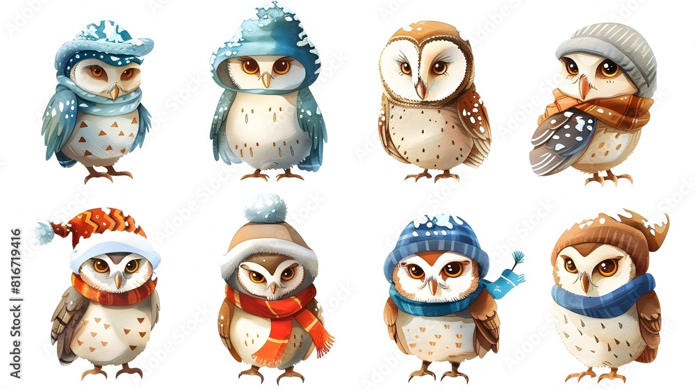 Adorable Winter Owls with Whimsical Fluffy Birds in Snowy Forest Adorable Winter Owls with Whimsical Fluffy Birds in Snowy Forest