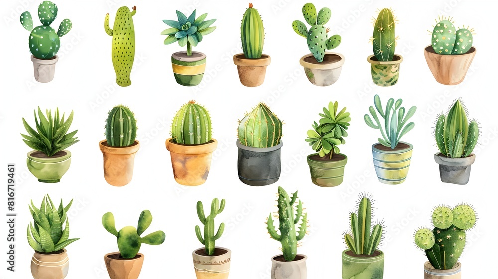 Fototapeta premium Assorted Cacti and Succulent Plants in Clay Pots Displayed for and Greenery in a Modern Minimalist Interior Setting