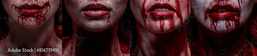 set of horror sensual female lips with dripping blood. horror ritualistic witch or vampire concept art collection. Sensually Horrifying Female Lips Dripping with Blood. photo