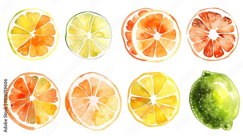 Obraz premium Assorted Citrus Fruit Slices on White Background
